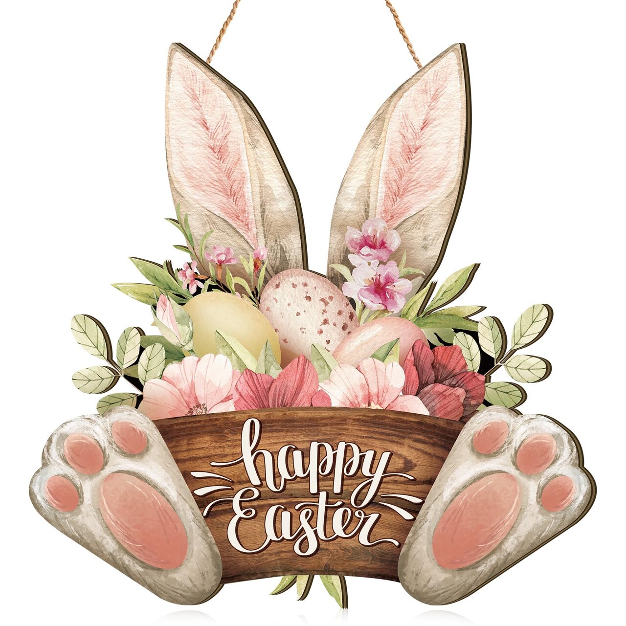 1 Pcs Easter Wreaths for Front Door Bunny Welcome Wood Sign Door Hanger Spring Decorations Easter Hanging Plaque Rabbit Sign Decorations for Home Shop Garden (11.81 Inch)